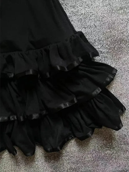 Y2K Japanese E-girl Gothic Vintage Half High Neck Short Sleeved Bow Lace Dress Cinched Waist Cool Girl Black Streetwear Dress