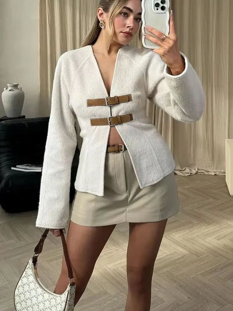 HH 2024Female Autumn Fashion Casual Coats Long Sleeves Belt Decoration Cardigan Solid V-Neck Slim 2-Colors Elegant Retro Top