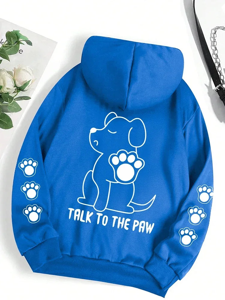 Talk To The Paw Funny Dog Cartoon Print Hoodie Women Warm Fleece Hoody Fashion Casual Hooded Autumn Loose Round Neck Woman Tops