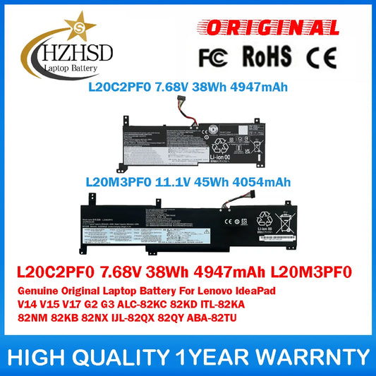 L20C2PF0 7.68V 38Wh 4947mAh L20M3PF0 Genuine Original Laptop Battery For Lenovo IdeaPad V14 V15 V17 G2 G3 ALC-82KC 82KD ITL-82KA