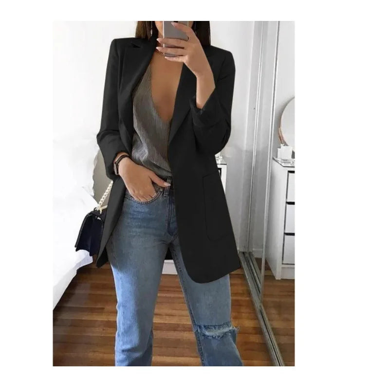 Autumn And Winter Women's Fashion Solid Color Polo Neck Slim Fit Coat Elegant Women's Long Sleeve Pocket Casual Suit Coat S-3XL