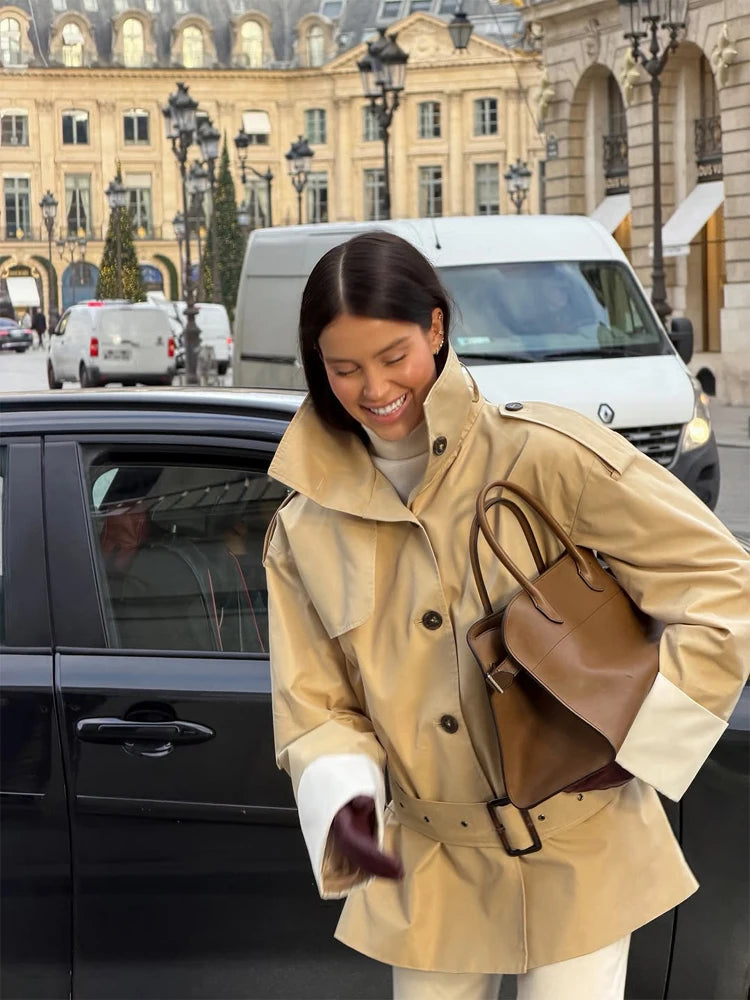 Women Casual Stand Collar Belted Trench Coat Chic Contrast Cuff Single Breasted Loose Windbreaker 2026 Lady Commute Street Coats