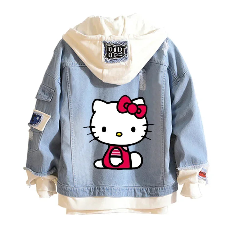 Anime Sanrio Denim Bomber Jacket Hello Kitty Hooded Jeans Sweatshirt Unisex Ripped Hole Cosplay Hoodie Long-Sleeved Denim Jacket