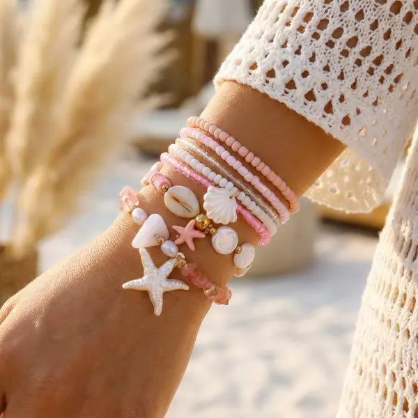 Cute Coral Starfish Shell Multi-Layer Bracelet for Women Ocean Series Fashion Stackable Beaded Jewelry Accessories