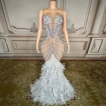 Luxury Pearls Grand Feather Sexy Floor-Length Dress Evening Party Performance Costume Bar Nightclub Singer Dancer Stage Wea