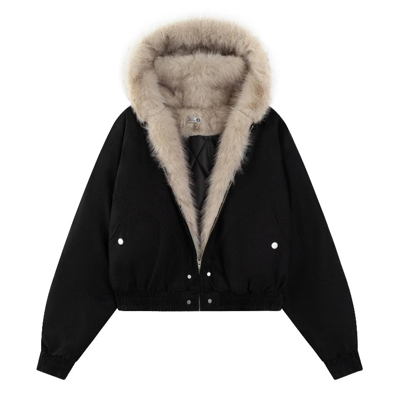 winter new American retro wool collar thickened cotton jacket for men and women same style workwear fashion zipper hoodie jacket