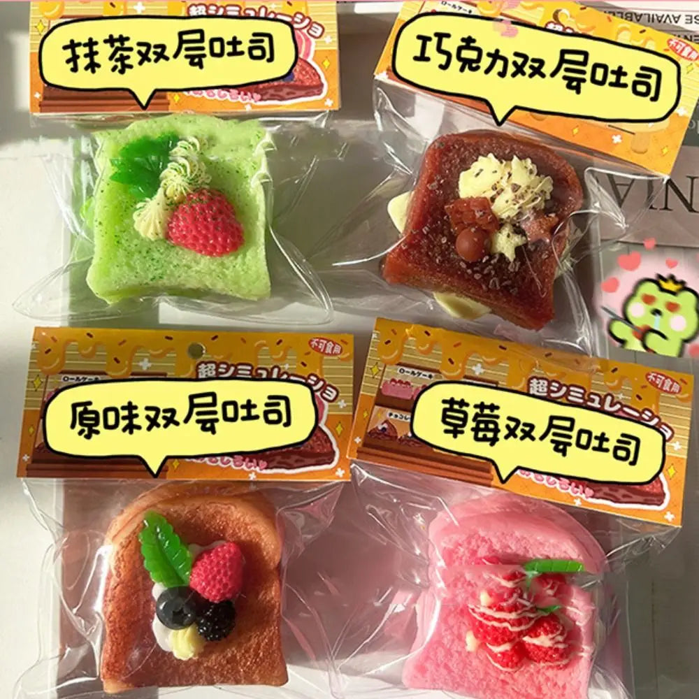 Exquisite Replica Double Layer Strawberry Toast Cake Fruit Bread Cake Matcha Chocolate Dessert Girl Gift Toast Squishy Kids Toys
