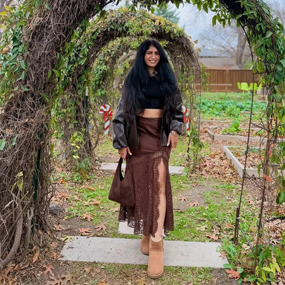 2026 Vintage Brown Lace Irregular Skirt Women Vintage Satin High Waist Slim Fit See Through Skirts New Spring Lady Party Outfits