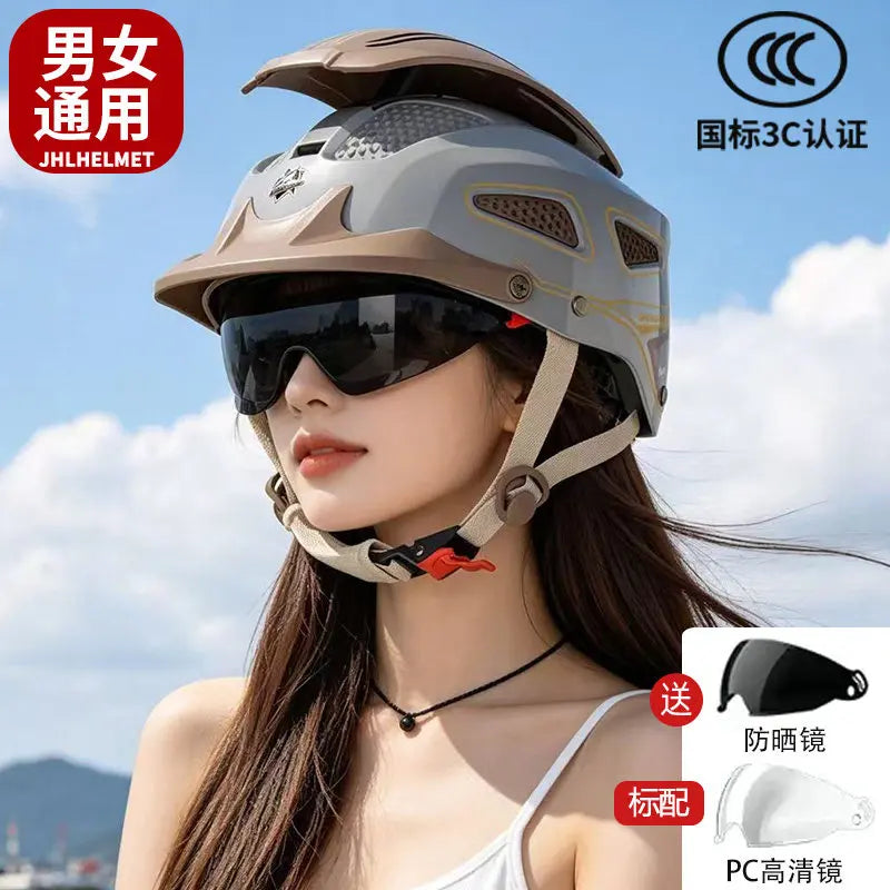 Electric Motorcycle Helmet Breathable Sun Protection Double Lens Safety Helmet Cooling and Rainproof Equipment