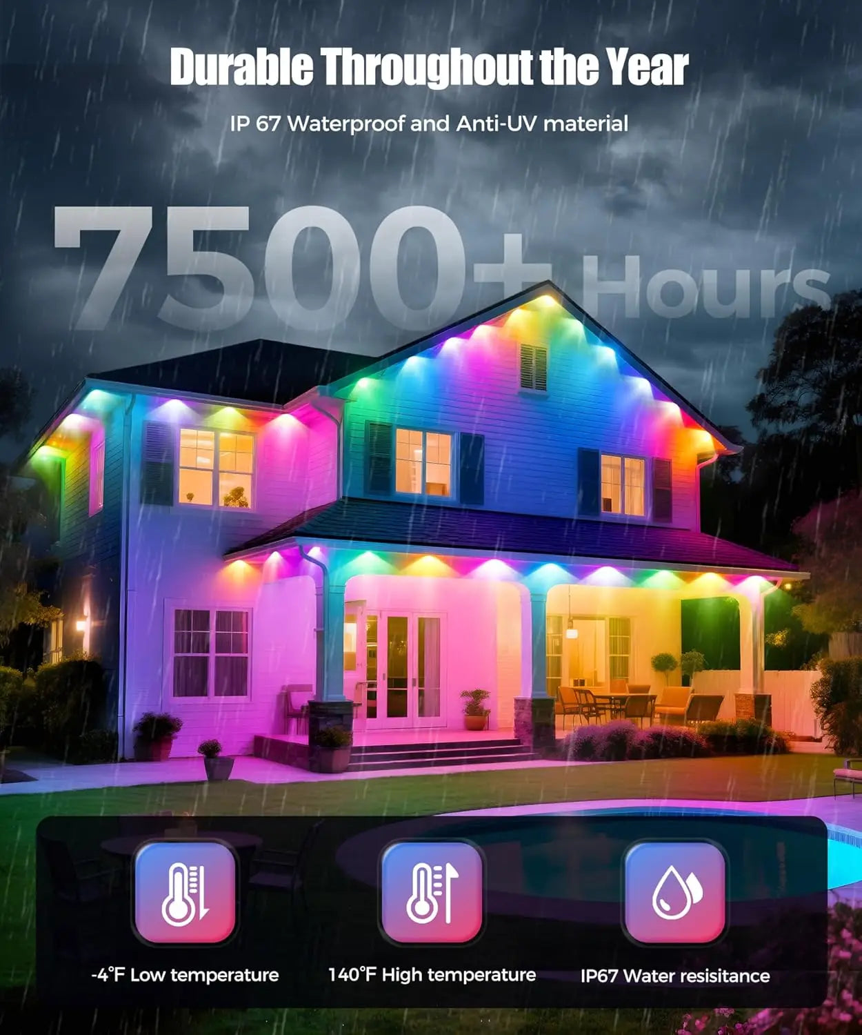 LED-Dauerlichter für den Außenbereich, IP65 wasserdicht, RGBIC-Dachrinnenbeleuchtung mit Fernbedienung für Weihnachten, Neujahr, DIY-Lichterketten für die Dachterrasse – ideal für DIY-Projekte.