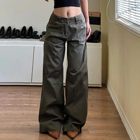 Low Waisted Flare Jeans Streetwear 2000s Clothes Y2k Women Bottom Belted Cargo  Vintage Denim Pants P67-DI27