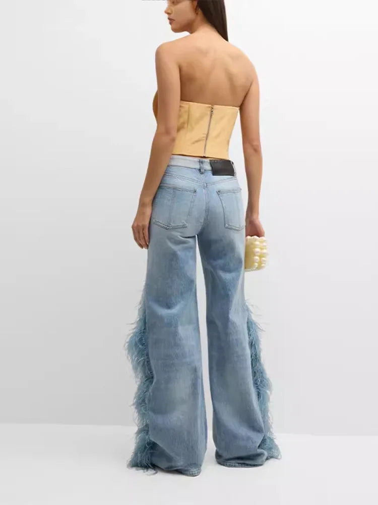 Feather Women's Pants Wide Leg Long Denim Loose High Waist Regular Casual Female Jeans Loose Spring Woman Baggy Basic Trousers