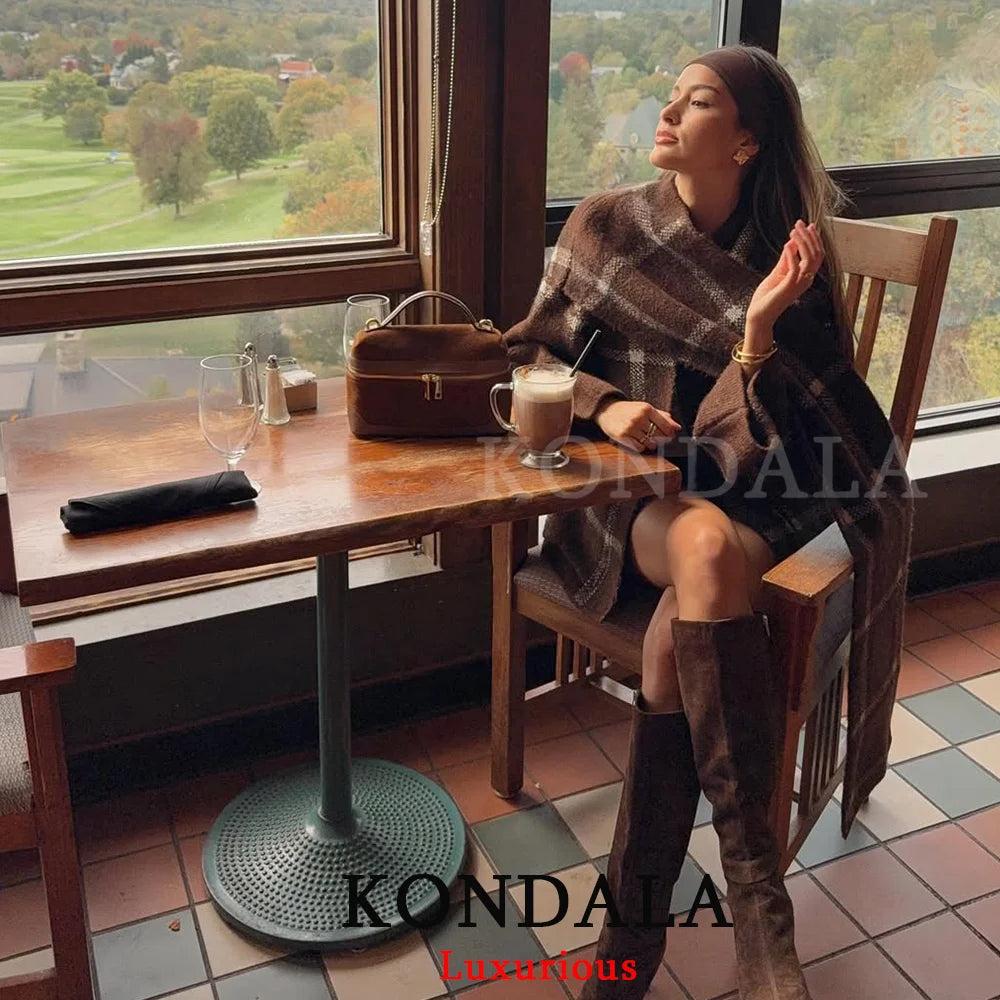 KONDALA Vintage Plaid Knit Scarf Jackets Women Open Stitch Scarf Pockets Loose Coats Fashion 2025 Autumn Winter Casual Outwears