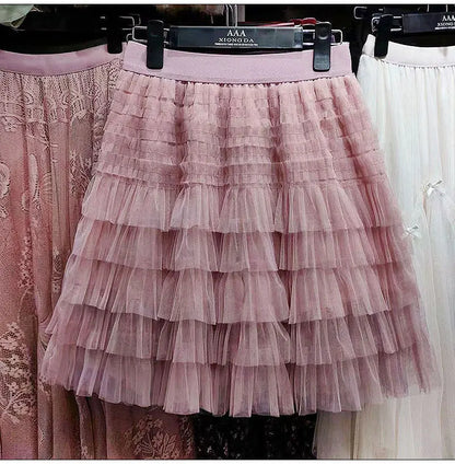 New In 2025 Summer Tulle A-Line Cake Skirts Women Elastic High Waist Tutu Short Skirt Korean Fashion Sweet Tutu Streetwear Skirt