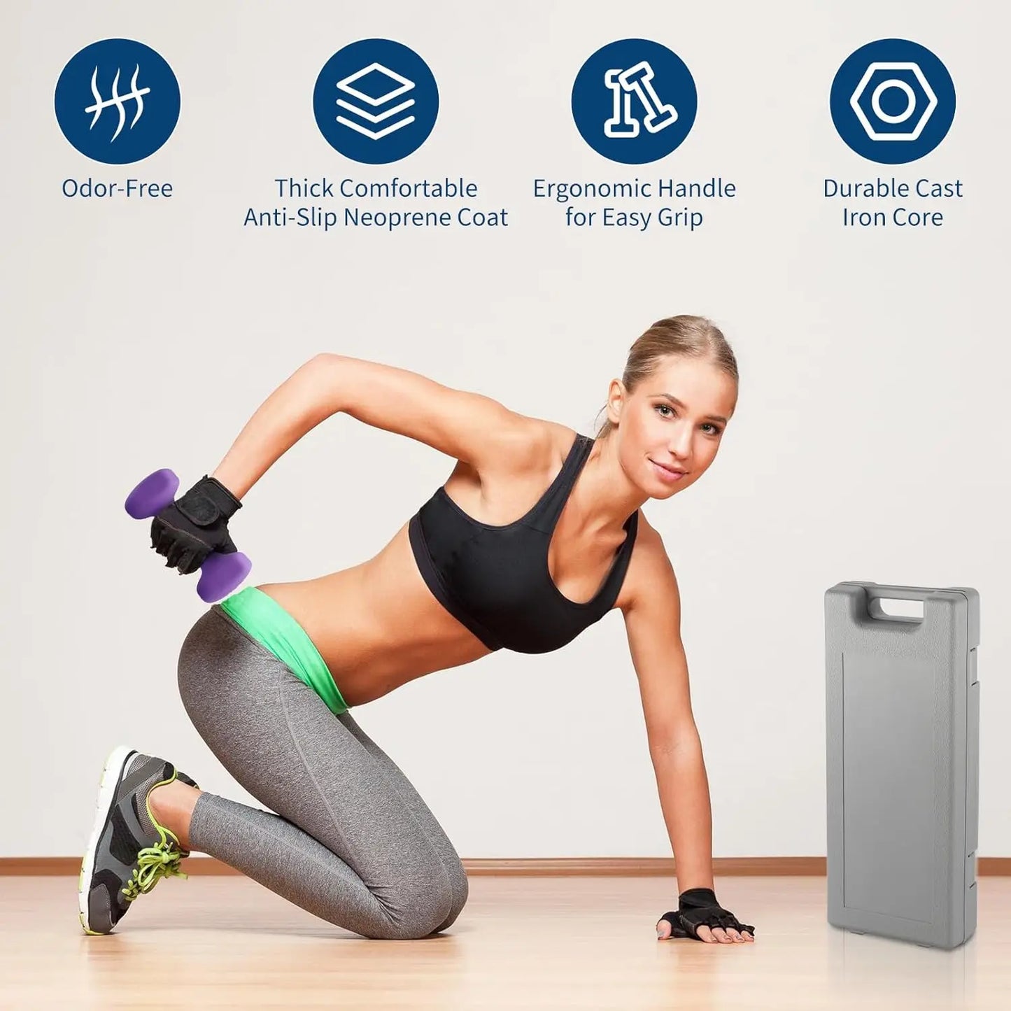 3 Pairs Non-Slip Anti-Roll Hex Dumbbell Set with Storage Box Neoprene Coated Plastic Steel Adjustable Dumbbells for Home Fitness