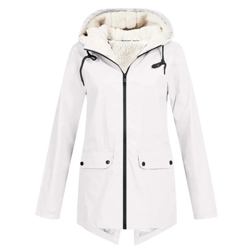 Outdoor Windbreaker Coat Women Trench Coat Waterproof Hooded Outerwear Velvet Thicken Overcoat Zip-up Streetwear Autumn Winter