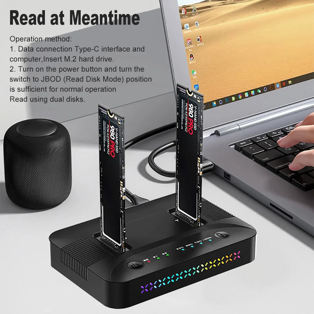 Dual Bays M.2 SSD Docking Station Type C USB 3.1 10Gbps M.2 NVME SATA NGFF Dual Protocol SSD Enclosure OFFline Disk Duplicator