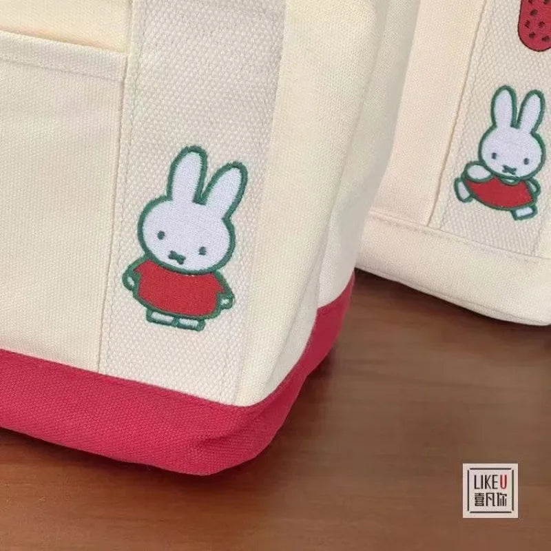 New Anime Kawaii Miffy Embroidery Cute Zipper Bag with Canvas Tote Bag Bento Lunch Box Bag for Friends Christmas Gift