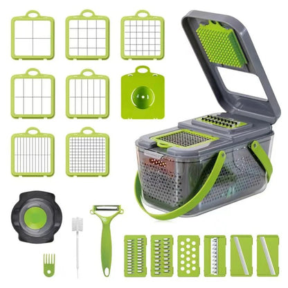 22 in 1 Vegetable Chopper with Stainless Steel Blade Adjustable Slicer And Cutter with Drain Rack Storage Container Kitchen Tool