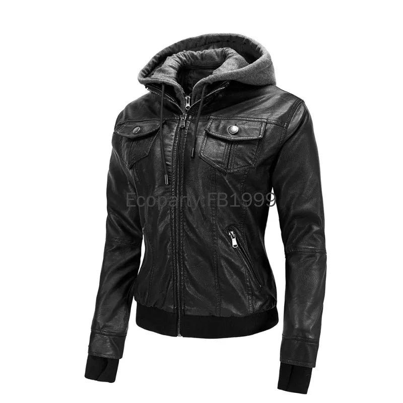 2024 Autumn Winter Women's Motorcycle Jacket Black Slim Pu Leather Removable Hooded Zipper Leather Coat Female Casual Outerwear