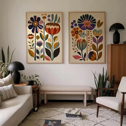 2pcs Modern Scandinavian Wall Art Posters, Noframed Norwegian Folk Decor Boho Floral Print,Nordic Painting for Living Room Decor
