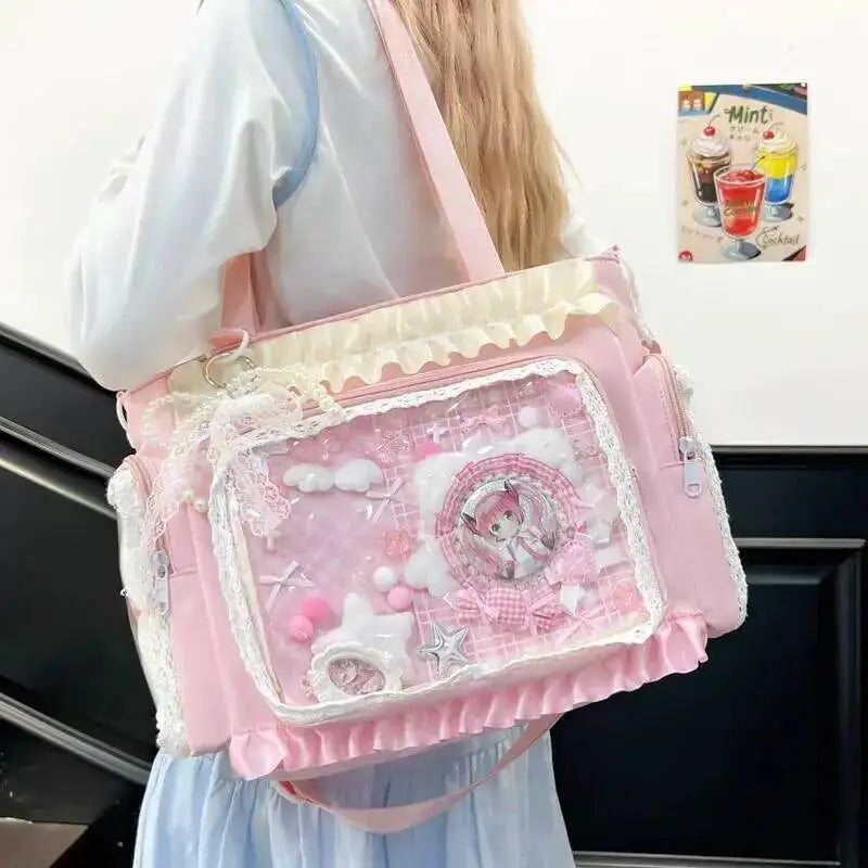 Y2k New Sweet Ita Shoulder Bag Lolita Girl Transparent Crossbody Bag Women Large Capacity Lace Tote Bag Cute DIY Display Handbag