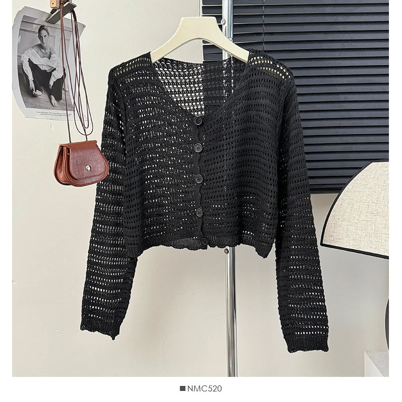 Pointelle Knit Long Sleeve Button Front Crochet Crop Top Cardigan Jacket for Women Cover-Up Spring Summer Y2K Grunge Outfit