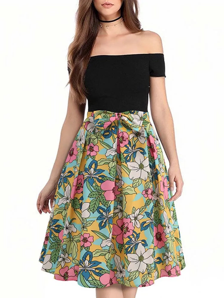 50s Vintage Women Skirt High Waist Floral Print Pleated Midi Retro Summer Swing Holiday Skirts