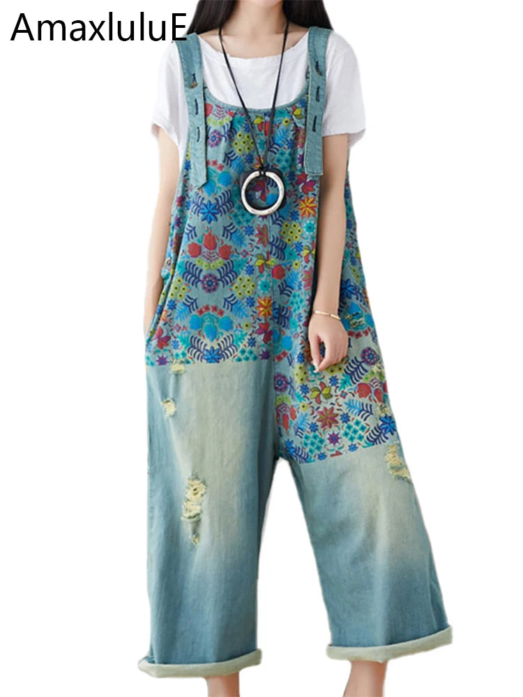 Amax luluE Streetwear 2025 Spring Flower Fashion Pants Women Vintage Printed Overalls Ladies Ripped Punk Jeans Bleached Trousers