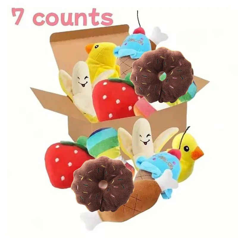 A 7-piece set of puppy sound toys, loose plush pet chewing, plush fruit snacks and vegetable puppy toys, suitable for pet play
