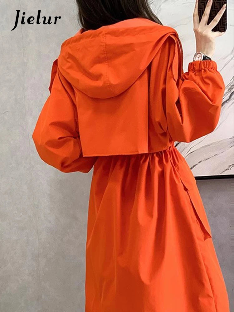 Jielur New Loose Women's Trench Coat autumn Solid Color Hooded Casual Straight Elegant Female Trench Chic Pockets Zipper Coat