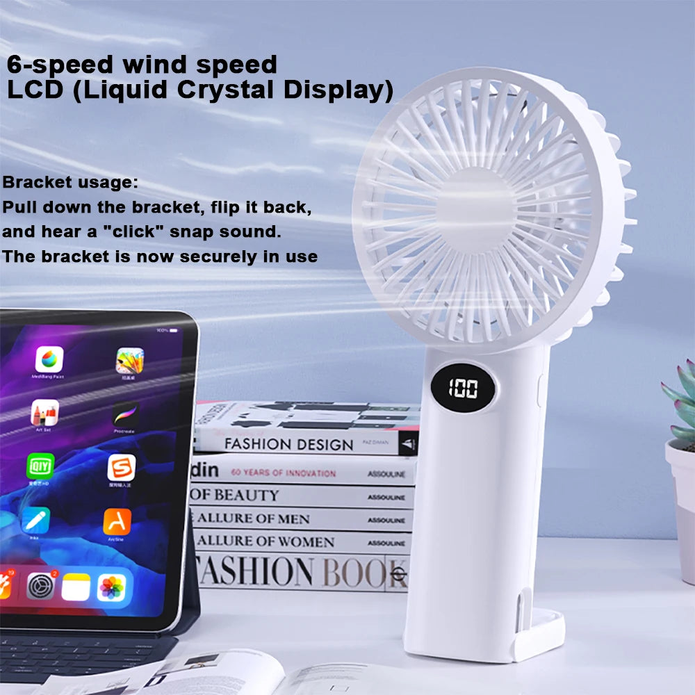 Portable Handheld Small Fan LCD Display with 6-Speed Wind Power Handheld/Vertical Multi-Purpose Small Fan