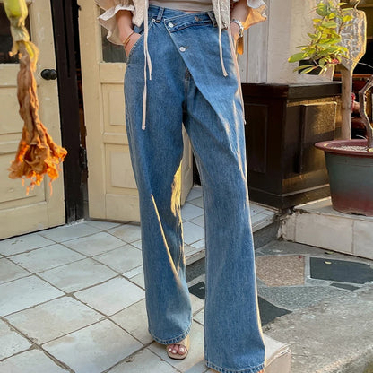 Retro High Waist Wide Leg Jeans Women's Autumn Long Pants Asymmetrical Design Versatile Chic Vintage Sle Ladies Denim Trousers