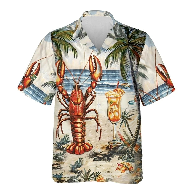 Hawaiian Flower Social Shirt 3d Print Boston Lobster Fashion Short Summer Casual Vintage Harajuku Cadiz Camisas Casuais Blouse