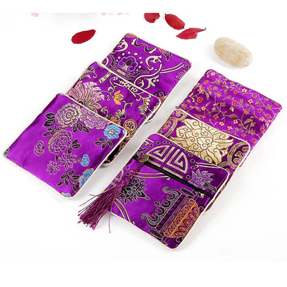 Chinese Brocade Jewelry Storage Bag Handmade Silk Embroidery Padded Small Zipper Tassel Jewelry Organizer Pouch Satin Gift Bag