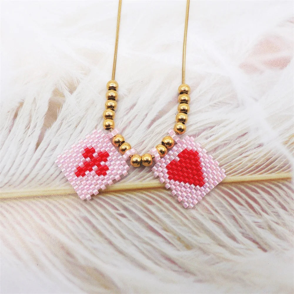 ZHONGVI Scapular Necklace Miyuki Heart Cross Adjustable Necklace Lady Necklace Stainless Steel Bead Necklace Jewelry
