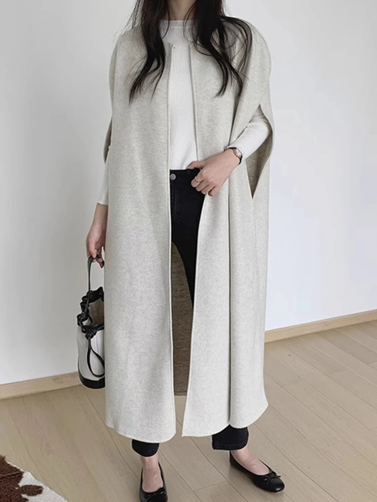Chic Autumn Winter Loose Coat Sle Pure Color Long Women's Vest Jaet Korean Version Commute Sle Long Sve round Ne