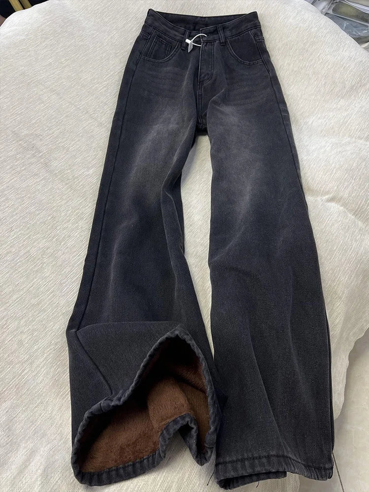 American High Street INS Trendy Wide Leg Jeans for Women Autumn Winter Plus Velvet Thick High Waist Loose Narrow Straight Pants