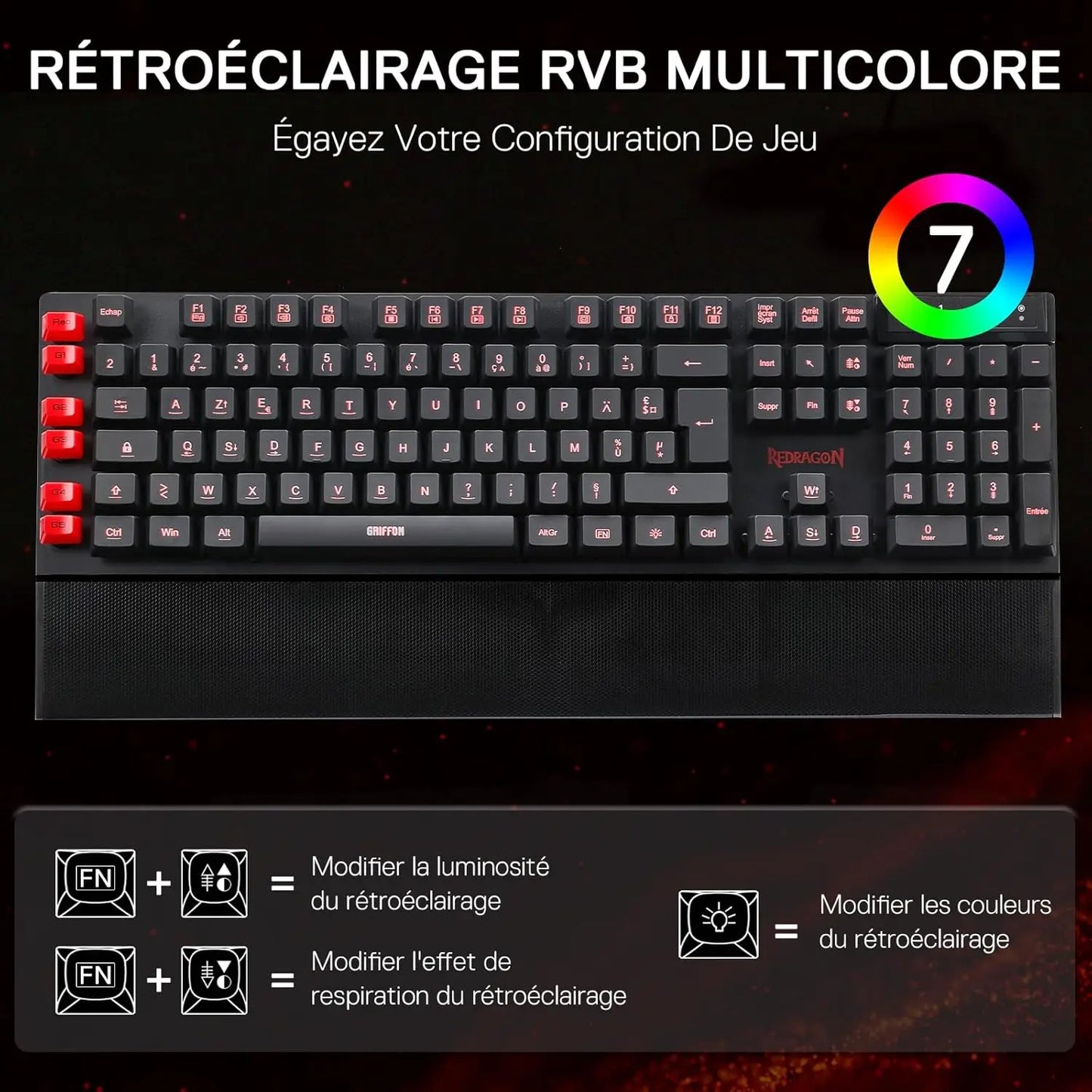 Redragon K505 Gaming Keyboard, French AZERTY, Rainbow Backlight, 26 Anti-Ghosting Keys, Wired Gaming Keyboard, Membrane Keyboard