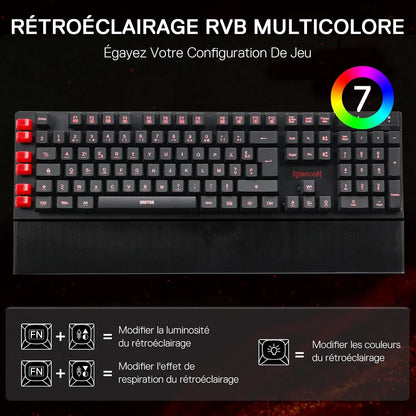 Redragon K505 Gaming Keyboard, French AZERTY, Rainbow Backlight, 26 Anti-Ghosting Keys, Wired Gaming Keyboard, Membrane Keyboard
