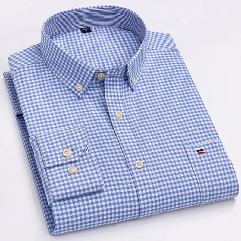 Men's Long Sleeve Oxford Dress Shirt 100% Cotton Plaid Checkered Chest Pocket Button Down Collar Casual Shirts