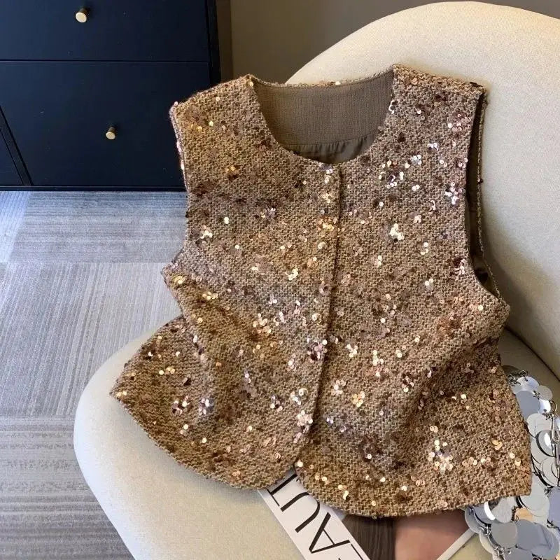 2025 New Women Heavy Sequins Fragrance Vest Coat Splicing New Vest Jacket Sleeveless Top Women Spring Summer Vest Jacket Female