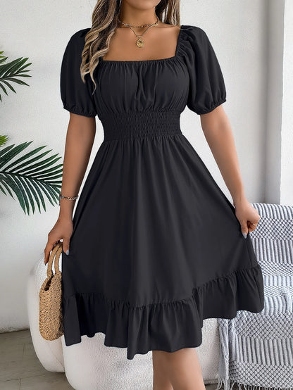 2024 New Fashion Solid Puff Sleeve Square Neck Ruched Bust Ruffle Hem Wasit Dress, Women's Clothing