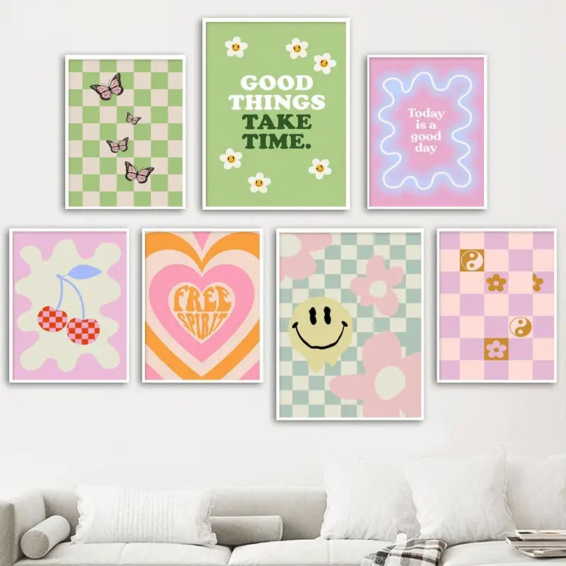 Colorful Danish Pastel Canvas Painting Aesthetic Poster Cherry Plaid Smiley Flower Butterfly Print Wall Art Nursery Home Decor