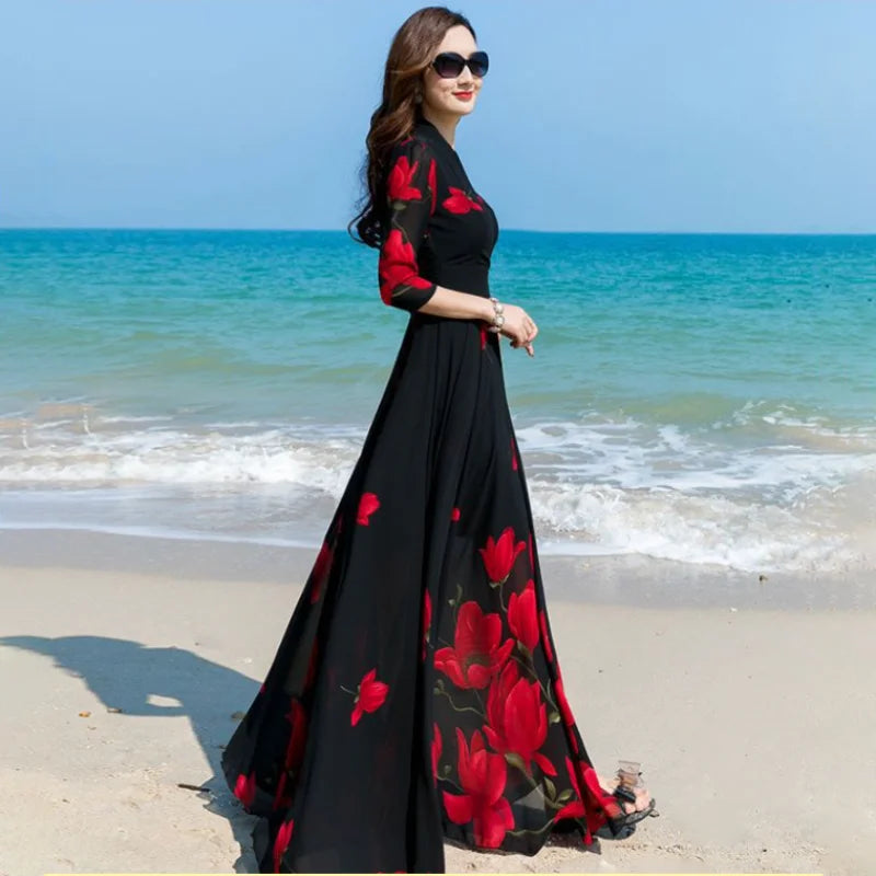 2025 Summer New Korean V-Neck Printed Chiffon Dress Women's Slim Oversize 4XL Long Sleeve Large Swing Slim Beach Long Dresses