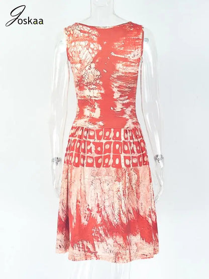Joskaa Aesthetic Printed A-Line Dress Women Hipster O-Neck Sleeveless Skinny Vestidos 2025 Summer Holiday Beachwear Clubwear