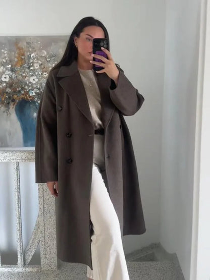 High Street Women Woolen Coat Solid Loose Turn-down Collar Double Breasted Long Sleeve Jackets Autumn Winter All-match Jacket
