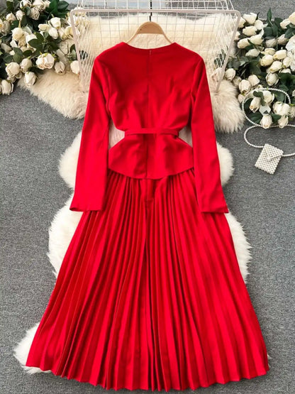 Autumn Winter Bow Dress Women Ruffles Long Sleeve Midi Vestidos Office Lady