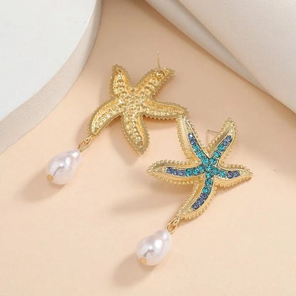 Starfish Earrings with Gold Main Body Inlaid with Blue Diamonds, Pearl Pendants Are Smart, Integrated Marine Elements, Fashionable and Versatile