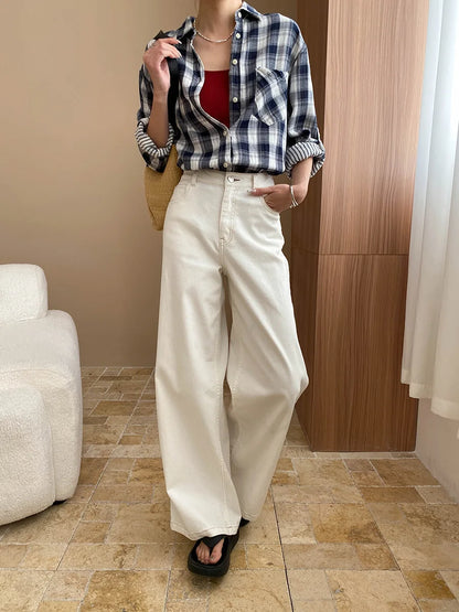 Spring and Autumn Women's Casual Solid Color High Waist Loose Wide Leg Jeans